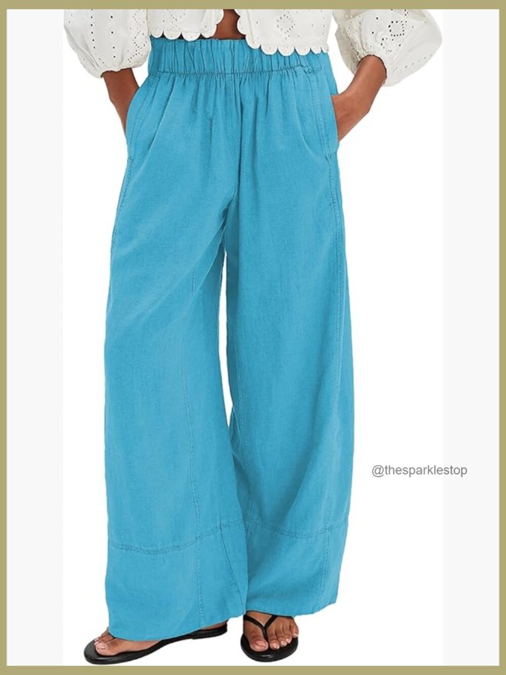 Linen Blend Elastic Waist Wide Leg Palazzo Pants with Pockets
